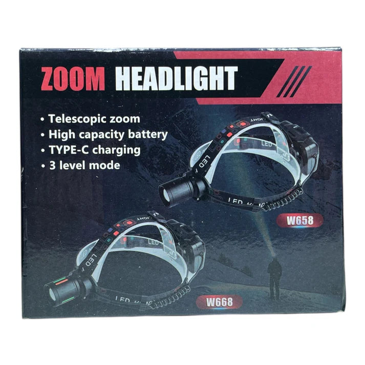 W668 Rechargeable Zoom Headlight with Type-C Charging and USB Output