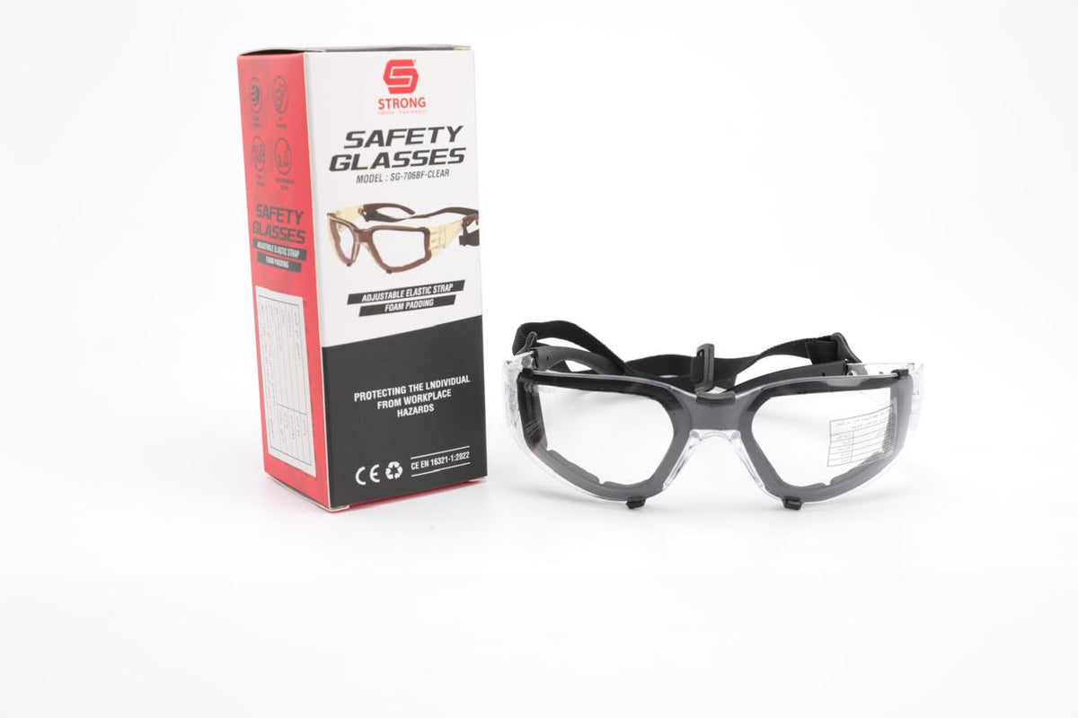 STRONG Clear Safety Glasses with Foam Padding & Adjustable Strap – SG-706BF