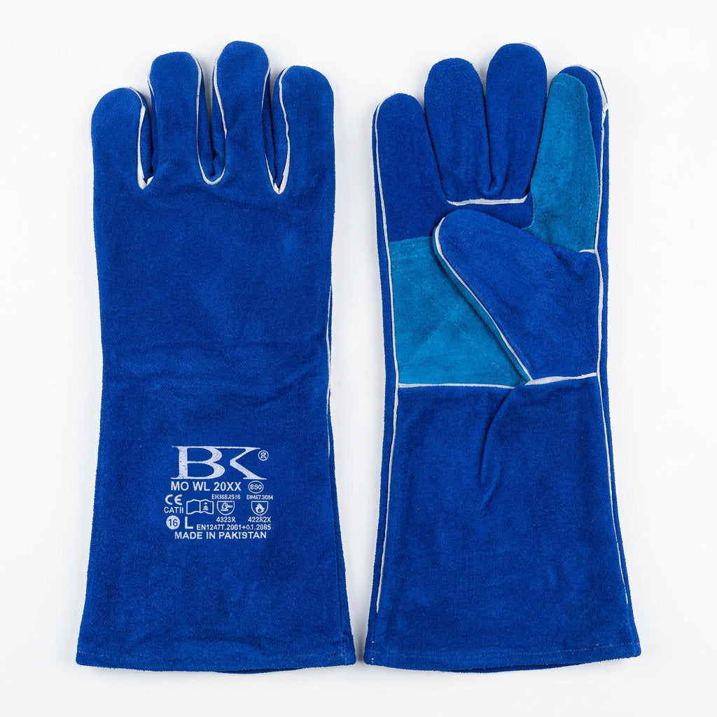 جوانتي لحام BK أزرق طويل بدعامة | BK Blue Leather Welding Gloves