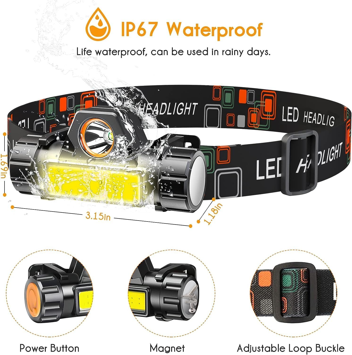 Rechargeable LED Headlamp Model 101 COB + Spotlight Magnetic Waterproof IP67 | كشاف رأس شحن موديل 101