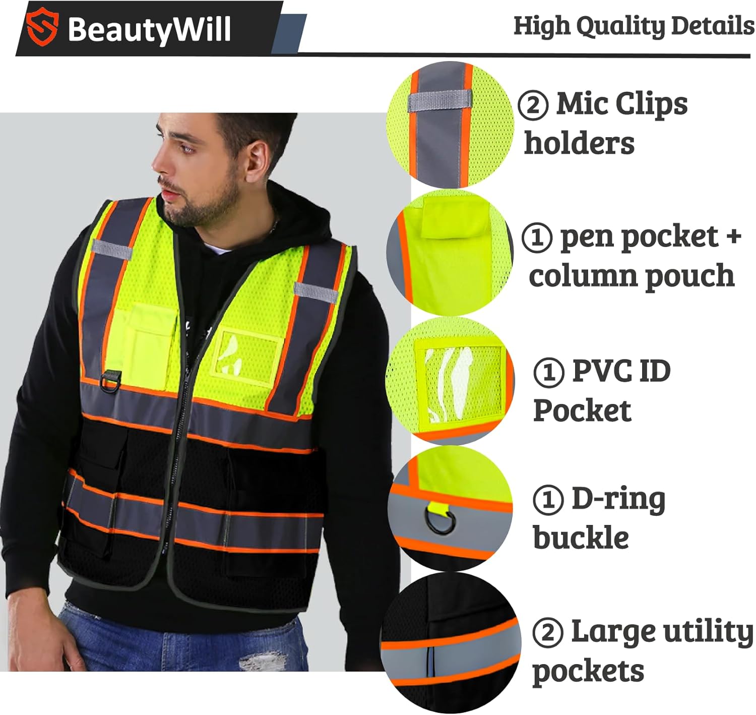 BeautyWill Hi-Vis Safety Vest - Yellow/Black Multi-Pocket | سترة أمان فلورية - أصفر/أسود متعددة الجيوب