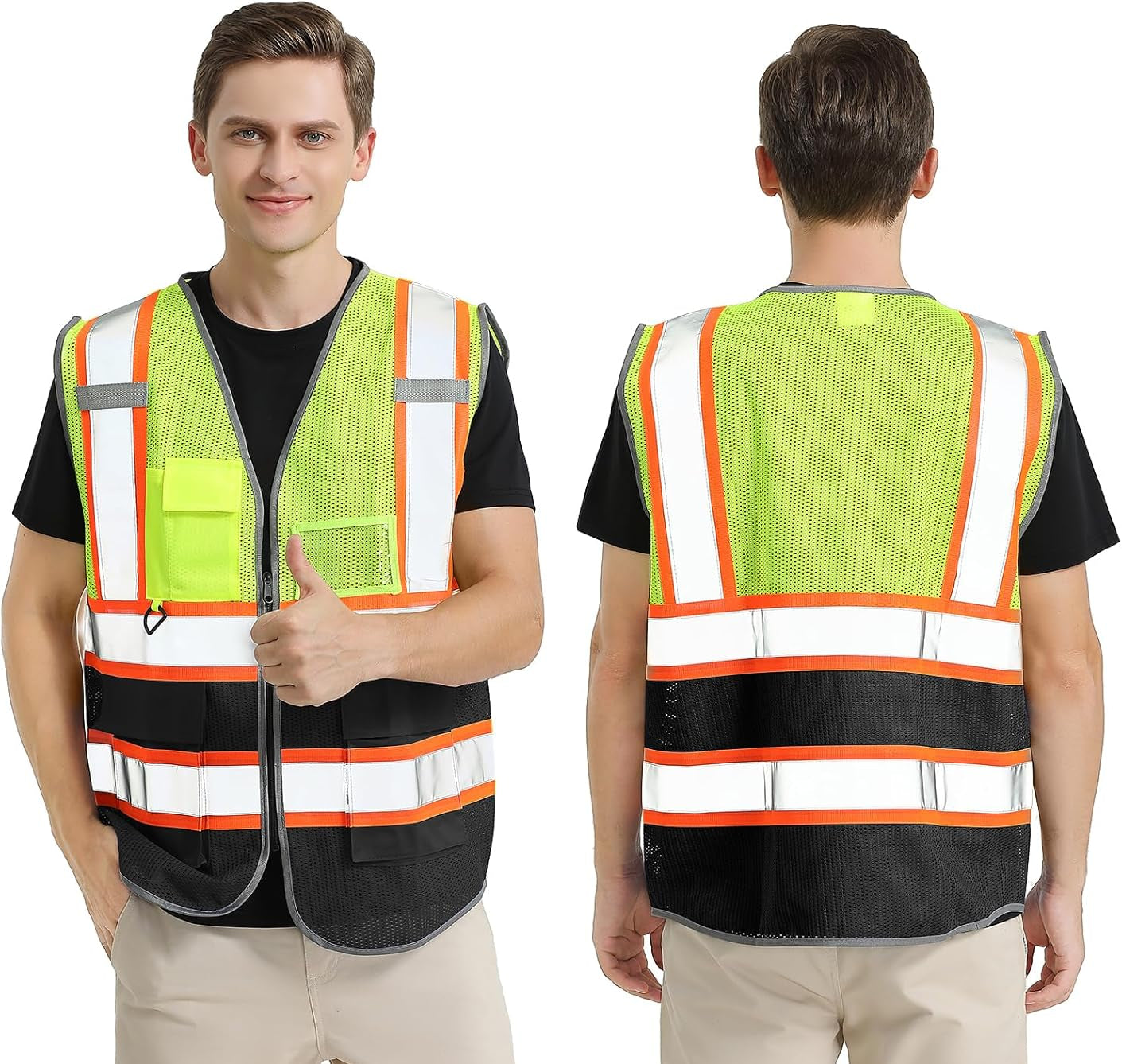 BeautyWill Hi-Vis Safety Vest - Yellow/Black Multi-Pocket | سترة أمان فلورية - أصفر/أسود متعددة الجيوب