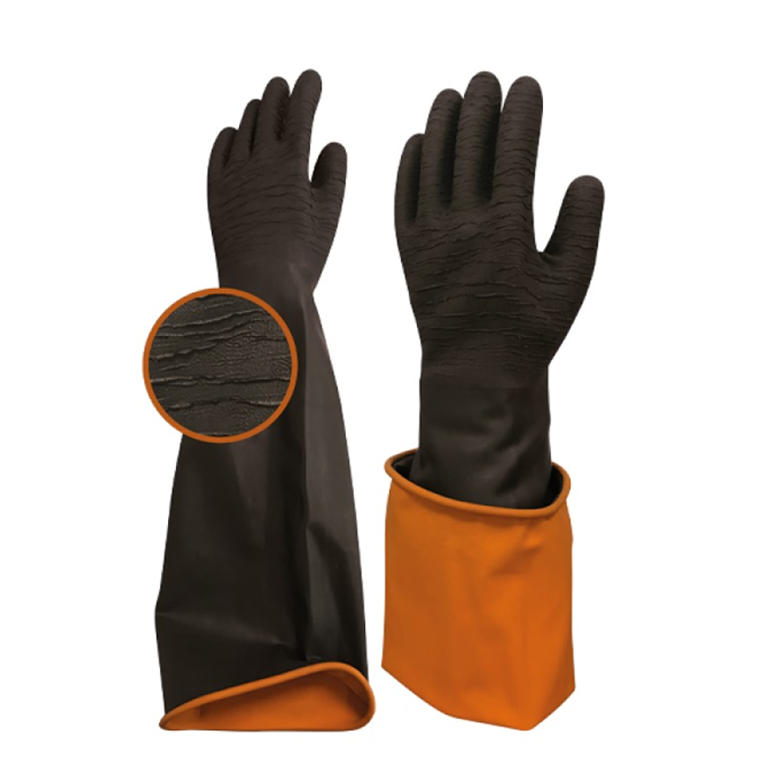 Ribbed black orange Rubber rough palm anti slip heavy duty 50cm Gloves Model ( CHRG 50-001 )