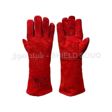 Red Welding Cow Split Leather Gloves With Piping
