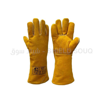 Yellow Welding Cow Split Leather Gloves With Piping