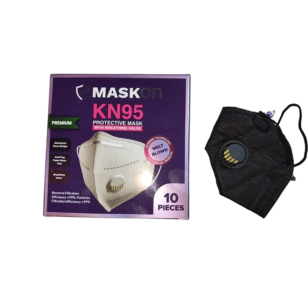 Maskon KN95 Premium Disposable Mask with Round Exhalation Valve — Black | كمامة ماسكون KN95 بريميوم بفلتر دائري — أسود