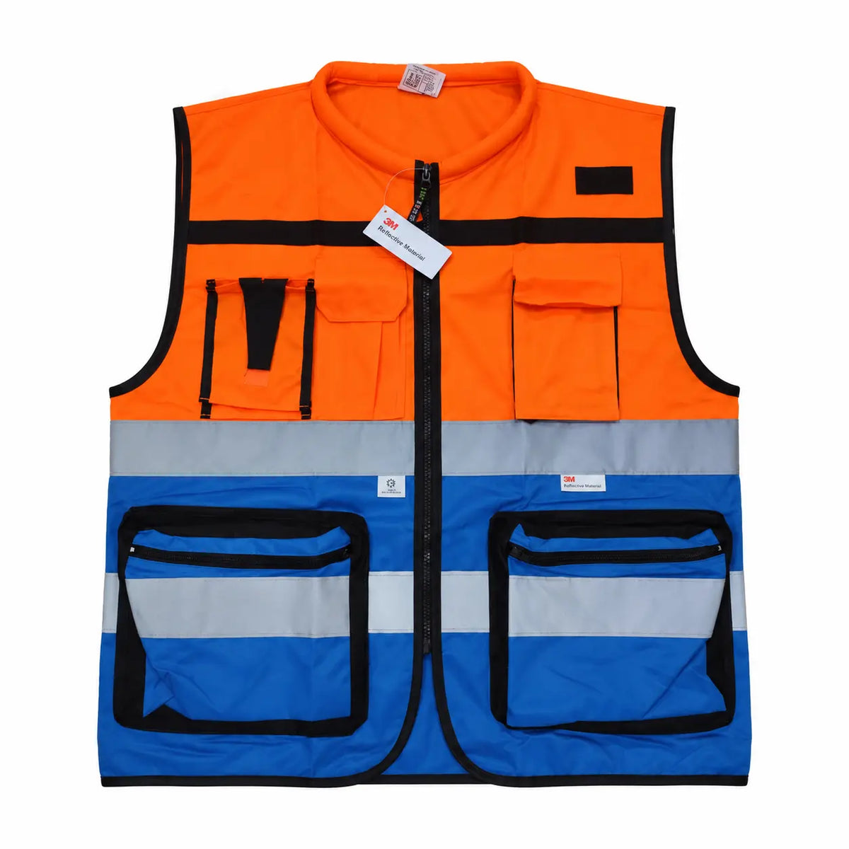فيست لياقة مميز 2 لون برتقالي/أزرق 4 عاكس ثري ام 4 جيب 160 جرام سوستة | Vest-O-1B-3M