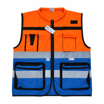 فيست لياقة مميز 2 لون برتقالي/أزرق 4 عاكس ثري ام 4 جيب 160 جرام سوستة | Vest-O-1B-3M