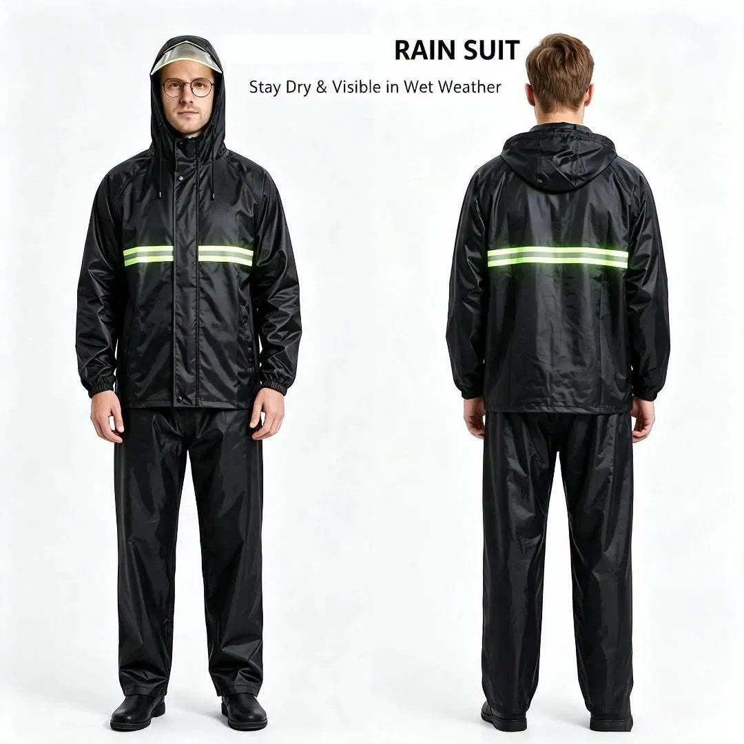 بدلة مطر ووتر بروف قطعتين اسود بشريط عاكس صيني | Shine CC006 2-Piece Waterproof Rain Suit - China