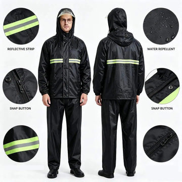 بدلة مطر ووتر بروف قطعتين اسود بشريط عاكس صيني | Shine CC006 2-Piece Waterproof Rain Suit - China